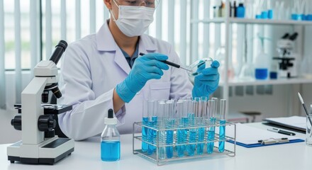Person in lab coat examining petri dish with blue liquid near test tubes and microscope on table top