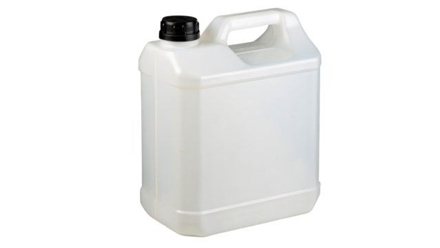 White plastic gallon jug container with handle and black cap for liquid storage and transport use