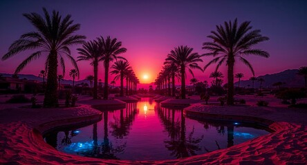 Obraz premium Pink Sunset over Palm Trees, Reflecting in the Water, a Desert Oasis Scene.