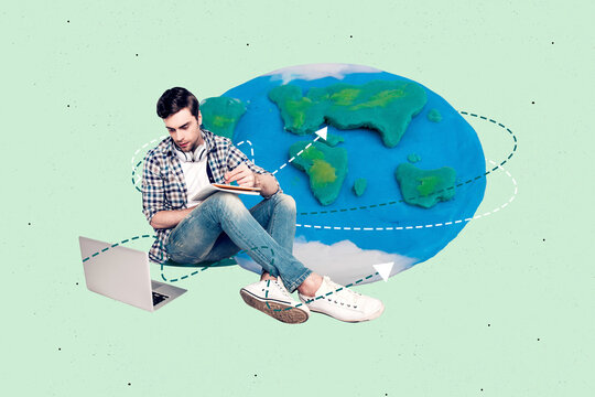 Pop zine 3d image collage of happy girl guy stand earth globe icon choose arrow route summer vacation save environment world