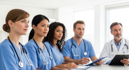 Group of medical professionals in scrubs and lab coats sitting at a table in a bright room setting