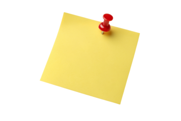 Yellow sticky note with red push pin for office supplies and reminders on black background isolated image