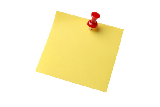 Yellow sticky note with red push pin for office supplies and reminders on black background isolated image