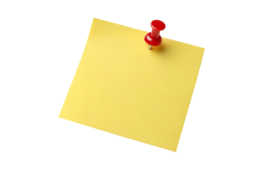 Yellow sticky note with red push pin for office supplies and reminders on black background isolated image