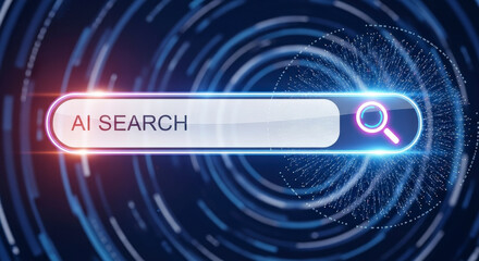 Illuminated Search Bar with AI Text on a Circular Blue Background Representing Digital Technology