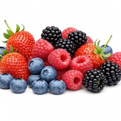 A pile of fresh, colorful berries, including strawberries, raspberries, blueberries, and blackberries,