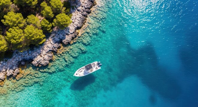 Aerial view of a boat anchored near a rocky coastline with clear turquoise water and lush green trees