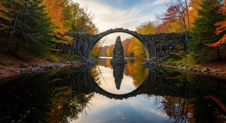 A scenic view of rakotzbrucke bridge in kromlau germany during autumn with water reflection