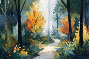 Naklejka premium autumn forest path gently illuminated by sunlight