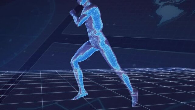 Biomechanical figure starting running on lit grid with map while camera orbiting demonstrating gait
