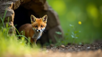 Fototapeta premium Whispers in the Undergrowth: A Fox Pup's First Hunt