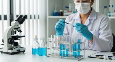 A scientist working in a lab with microscope test tubes and blue liquid wearing safety gear and gloves