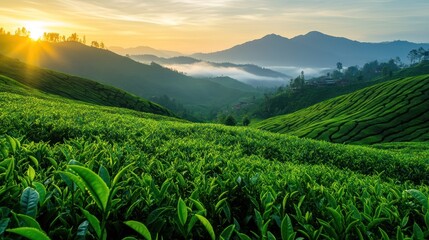 Fototapeta premium Majestic sunrise over lush green tea plantations in a tranquil hillside landscape