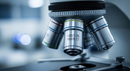Close up view of a microscope with multiple lenses in a laboratory setting for scientific research