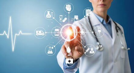 A doctor interacting with a digital interface displaying medical icons and a heartbeat line graphic