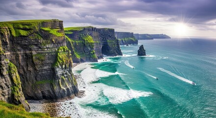 Aerial view of the cliffs of moher with crashing waves and boats under a cloudy sky on a sunny day