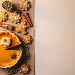A festive border of Thanksgiving and Christmas treats, including pumpkin pie and gingerbread cookies, with ample copy space 