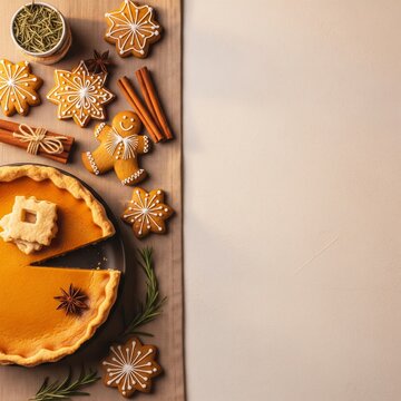 A festive border of Thanksgiving and Christmas treats, including pumpkin pie and gingerbread cookies, with ample copy space
