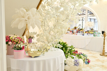 Wedding celebration with champagne and elegant buffet setup