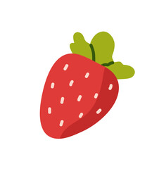 Icon of ripe strawberry with green leaf. Red berry with seeds. Fresh fruit for eating. Healthy farm food, natural grocery product, organic garden crop. Flat isolated vector illustration on white