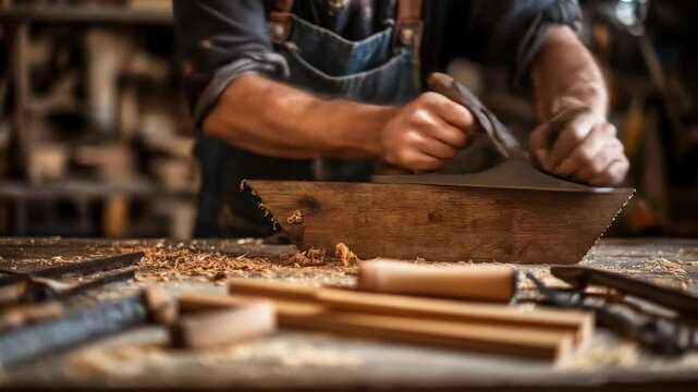 A craftsman uses a hand plane to smooth a piece of wood, showcasing the artistry of woodworking and carpentry in a traditional workshop.