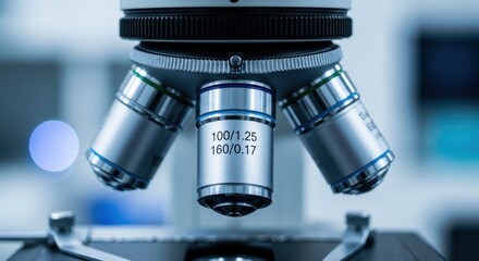 Close up of a microscope with three lenses and visible markings in a laboratory setting showing detail