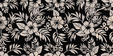 Monochrome floral pattern featuring hibiscus blossoms leaves and small flower clusters repeated densely across black