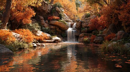Serene Waterfall Cascades Through Vibrant Autumn Forest.

