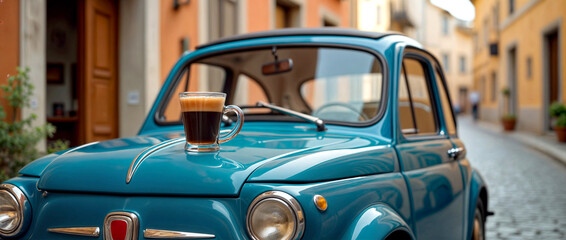 Obraz premium Cup of Espresso on Vintage car in Italian Street – AI Generated