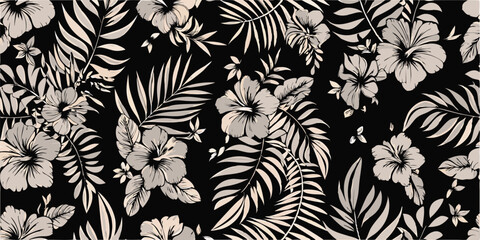 Monochrome floral pattern featuring hibiscus flowers and palm leaves on a black background design element