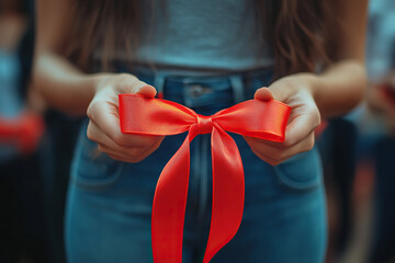 Woman holding red ribbon bow. Gift giving concept. Festive ribbon. Opening ceremony.