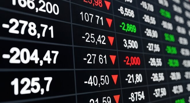 A close up of a stock market ticker showing both gains and losses with red and green indicators