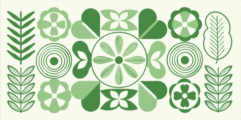 Botanical arrangement featuring green floral and leaf motifs in a symmetrical pattern design style
