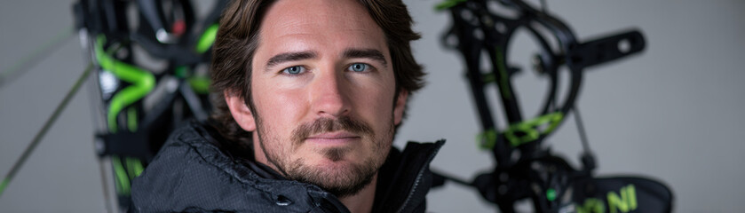 Obraz premium Professional archer poses confidently with archery gear in background, showcasing focus and determination. image captures essence of sport and athlete dedication