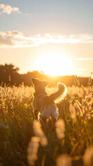 Dog Wagging Tail in Golden Hour Light Among Tall Grass Fields