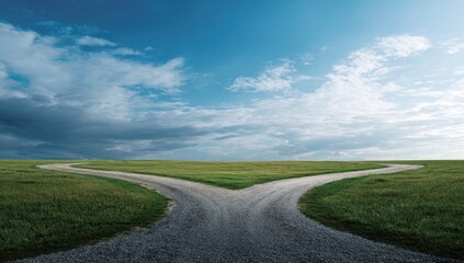 Two roads diverge in a grassy field, under a partly cloudy sky