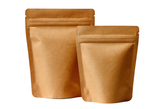 Two kraft paper stand up pouches isolated on transparent background
