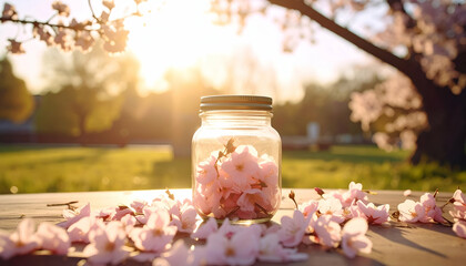 Charming Pastel Jar Surrounded by Blossoms in a Cozy Home Setting
