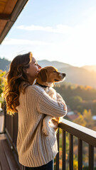 Woman Enjoys Sunset Breeze While Hugging Dog on Balcony