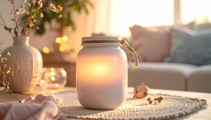 Charming Pastel Jar with Candlelight in Cozy Home Setting