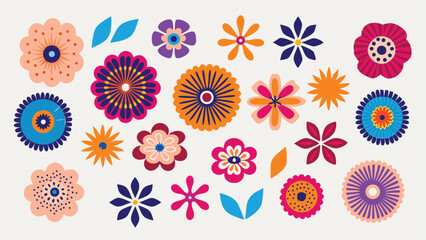 Collection of vibrant floral elements featuring various shapes and color palettes on a light background