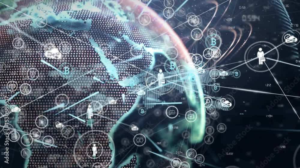Poster void initiating globe fading, nodes and user icons forming bitcoin cloud links for network view