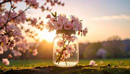 Delicate Flower Arrangement in Jar Against a Pastel Sunset Background