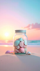 Peaceful Scene with Money Jar and Decorative Shells by the Shore