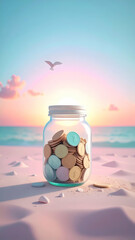 Serene Jar of Coins Against Tranquil Beach Sunset Background