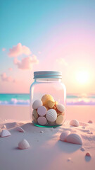 Peaceful Jar of Money on Beach with Soothing Decor Elements