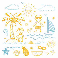 Cartoon vector illustration of a set of summer beach icons with a woman and child playing in the sand by the tropical sea under the sun