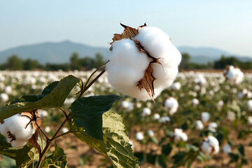 Fluffy cotton plants thrive in a vibrant field under sunlight with mountains in the background