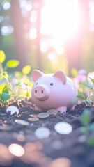 Artistic Close-Up of Piggy Bank in a Vibrant Garden Setting