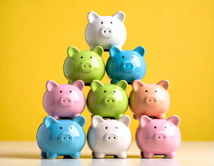Whimsical Piggy Bank Tower in Bright Colors Against Yellow Background